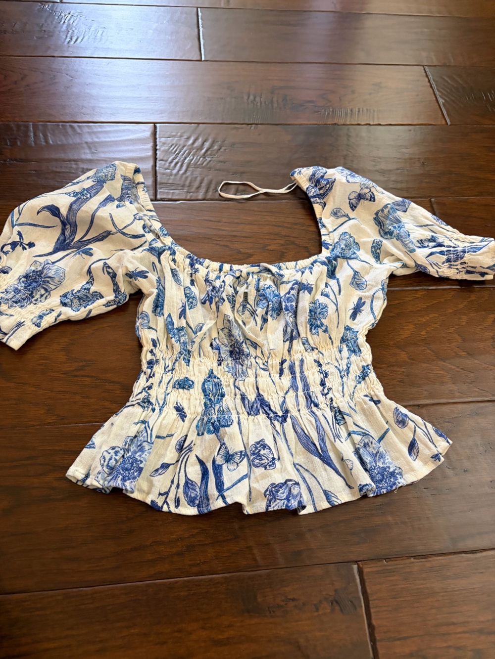 H&M White Floral Smocked Peplum Top with Blue Print